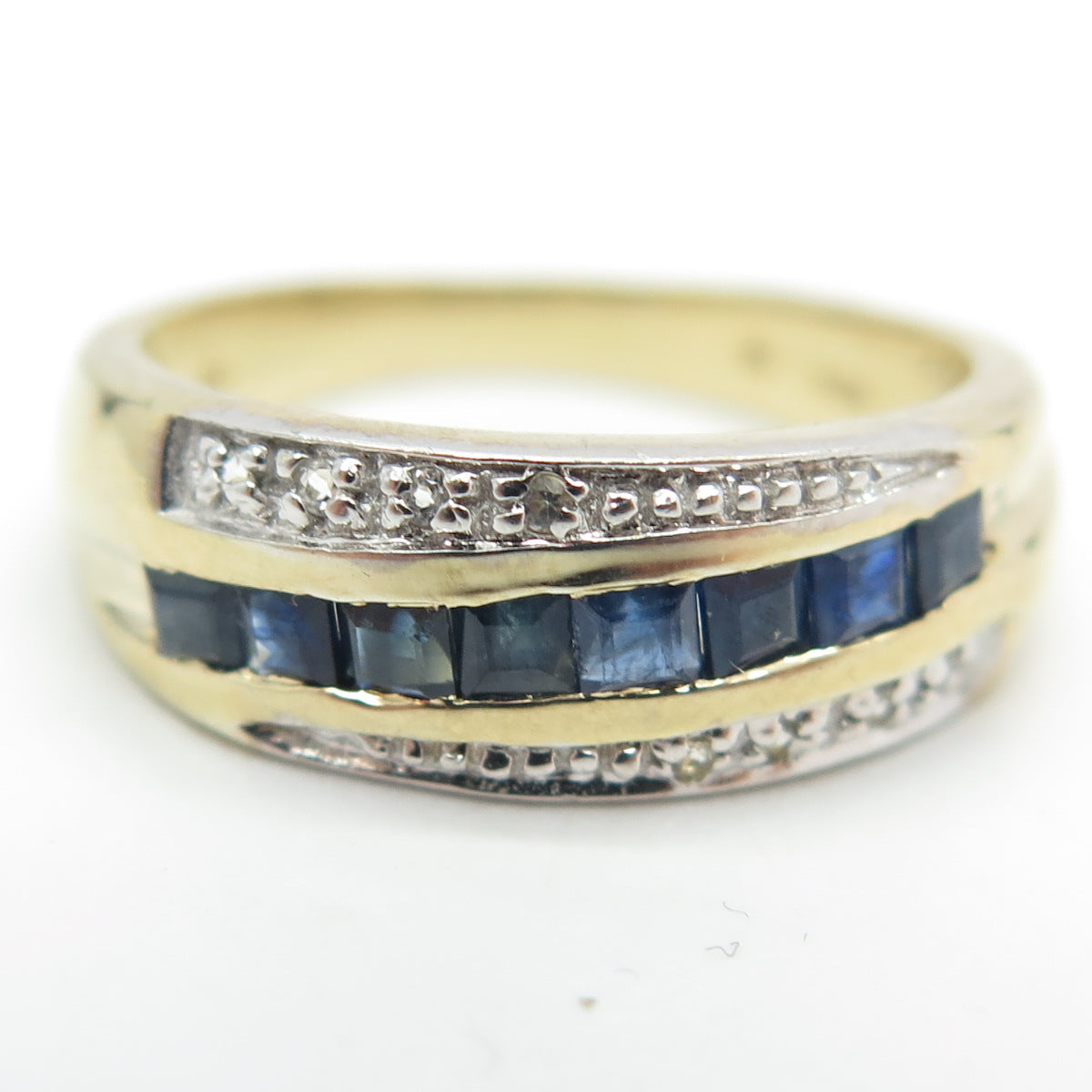 925 Sterling Silver Gold Plated Real Blue Sapphire & White Topaz Ring Size 7