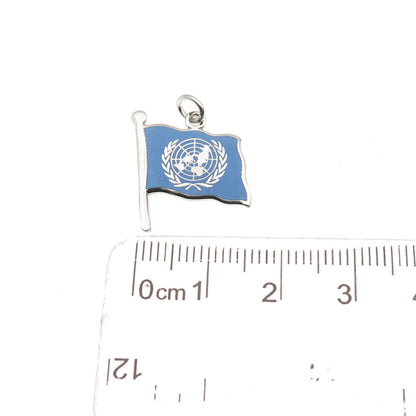 925 Sterling Silver Vintage Enamel United Nations Flag Mini Charm Pendant