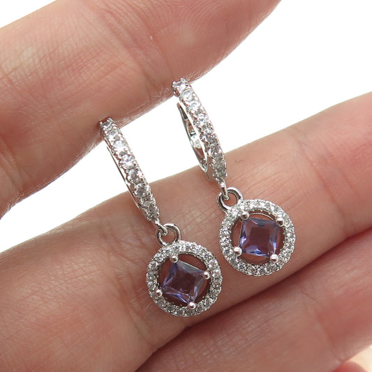 925 Sterling Silver Real Amethyst Gemstone & C Z Huggie Earrings