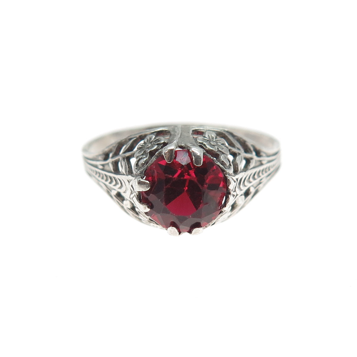 925 Sterling Silver Antique Art Deco Red Rhinestone Oxidized Ring Size 6.75