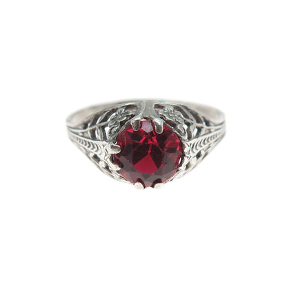 925 Sterling Silver Antique Art Deco Red Rhinestone Oxidized Ring Size 6.75