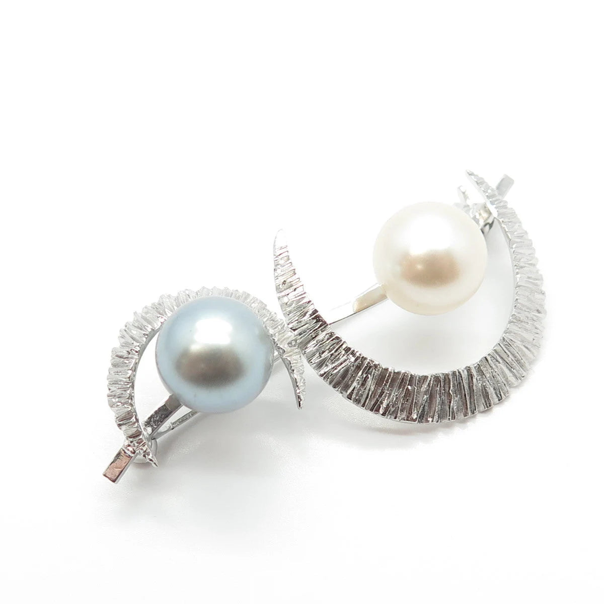 925 Sterling Silver Vintage Faux Cream & Gray Pearl Crescent Moon Pin Brooch