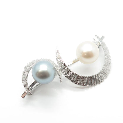 925 Sterling Silver Vintage Faux Cream & Gray Pearl Crescent Moon Pin Brooch