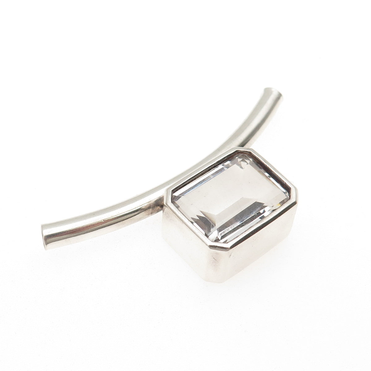925 Sterling Vintage Real Emerald-Cut Clear Rock Crystal Modernist Slide Pendant