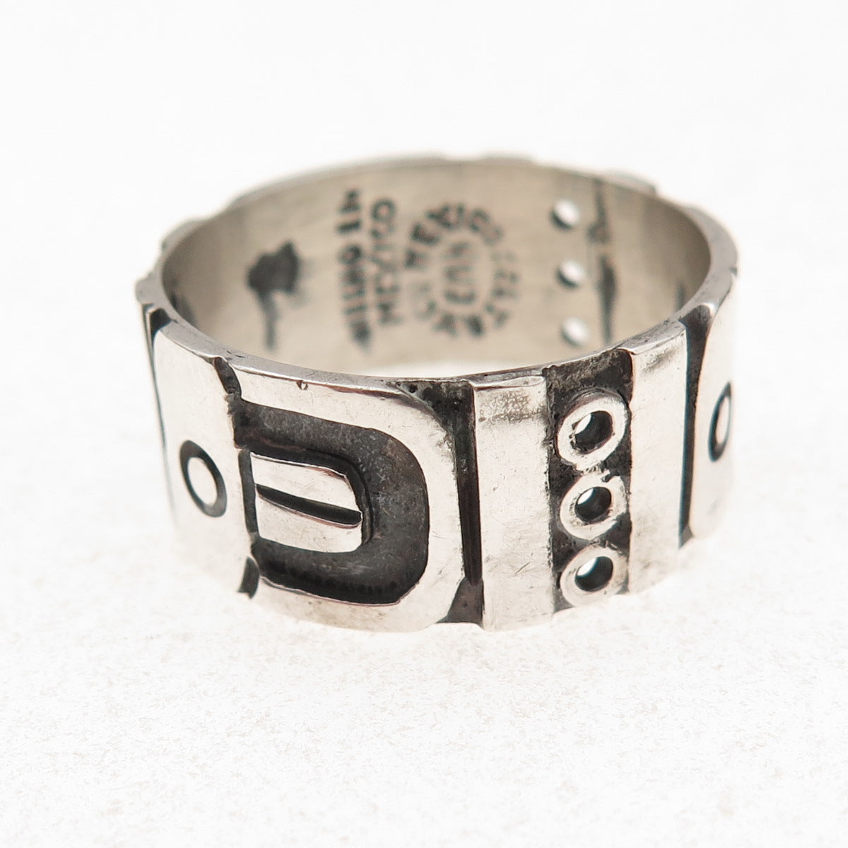 925 Sterling Silver Vintage Mexico Aztec Oxidized Wide Band Ring Size 12.25