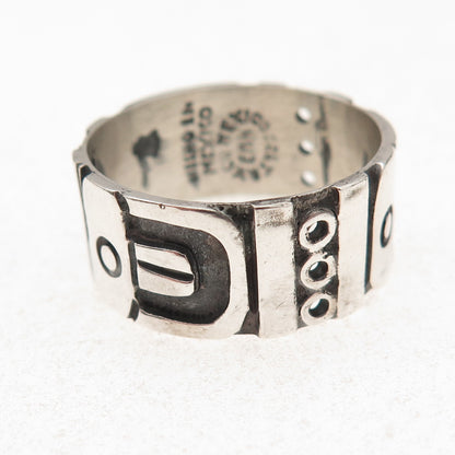 925 Sterling Silver Vintage Mexico Aztec Oxidized Wide Band Ring Size 12.25