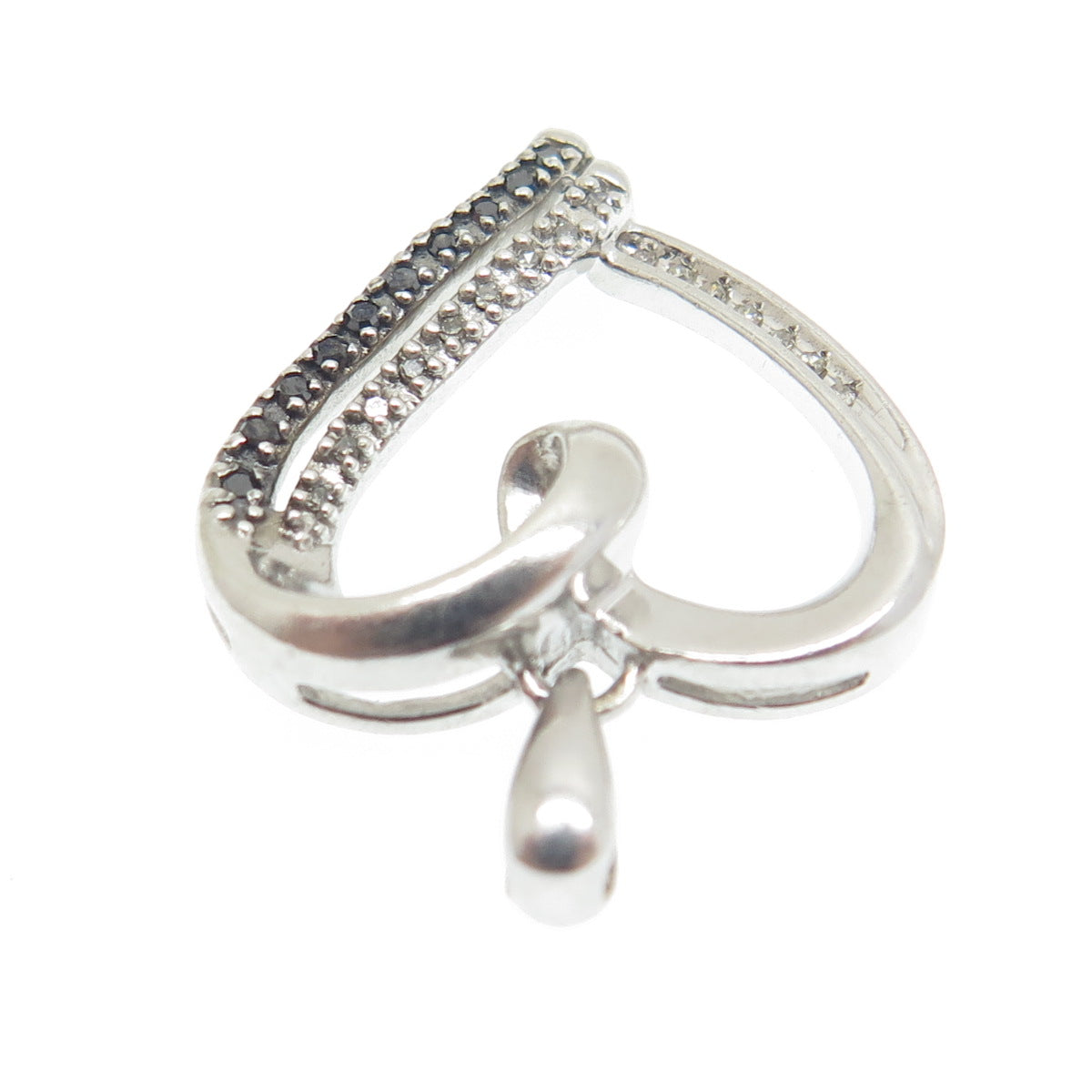 925 Sterling Silver Real Round-Cut Black & White Diamond Heart Charm Pendant