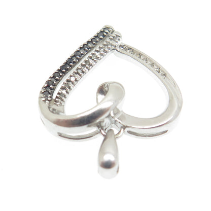 925 Sterling Silver Real Round-Cut Black & White Diamond Heart Charm Pendant