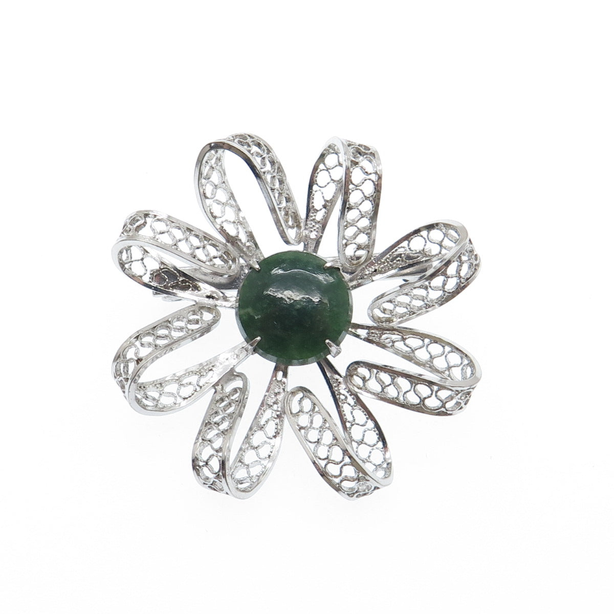 SORRENTO 925 Sterling Silver Vintage Real Jade Filigree Flower Pin Brooch