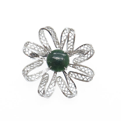 SORRENTO 925 Sterling Silver Vintage Real Jade Filigree Flower Pin Brooch