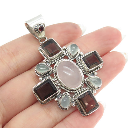 925 Sterling Silver Vintage Garnet Rose & Smoky Quartz Aquamarine Cross Pendant