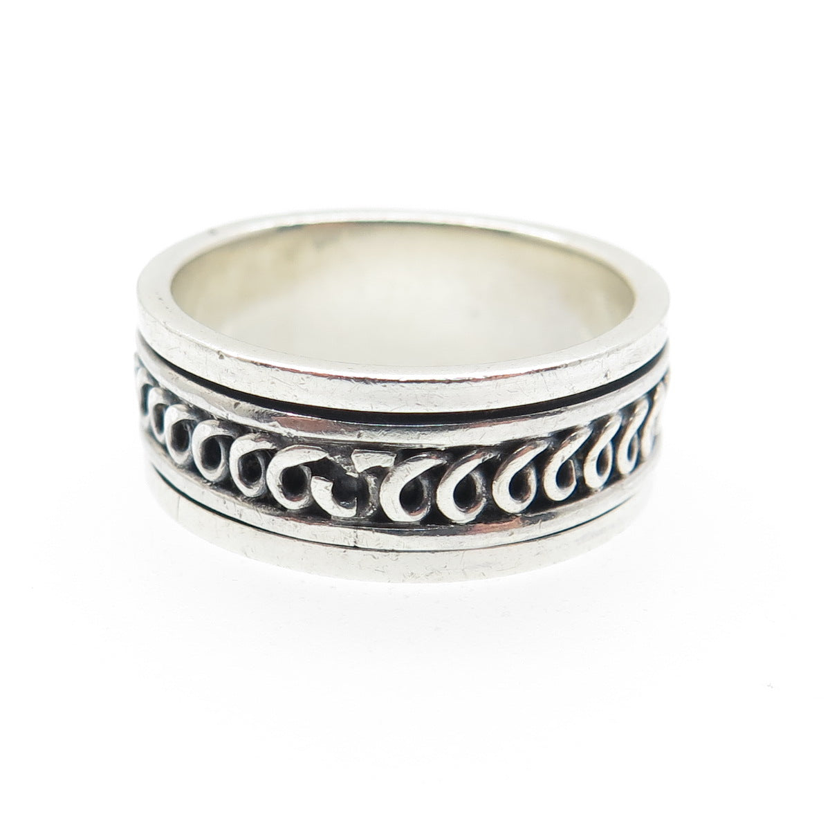 GEOART 925 Sterling Silver Vintage Spiral Oxidized Rotating Band Ring Size 8