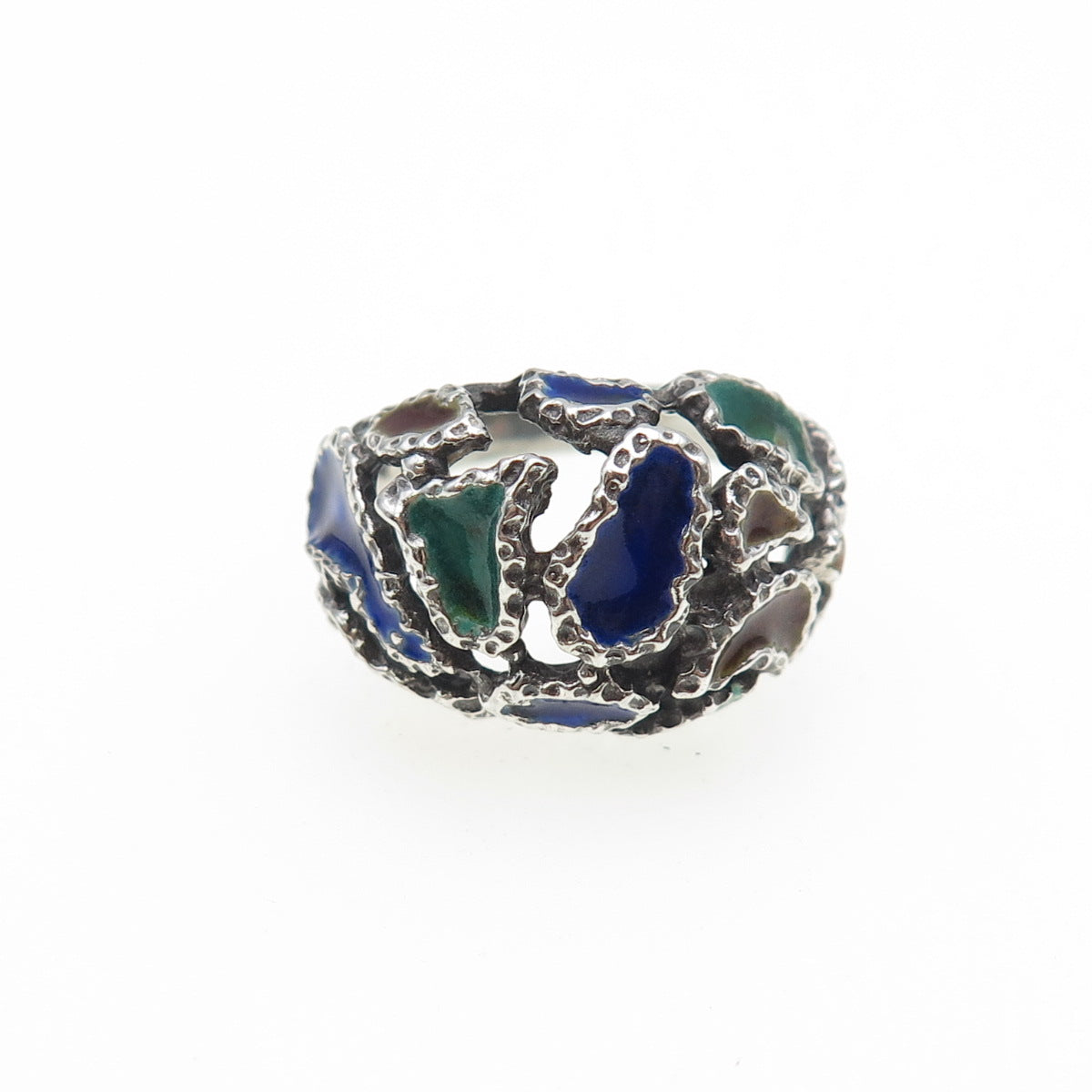925 Sterling Silver Vintage Enamel Modernist Oxidized Ring Size 6