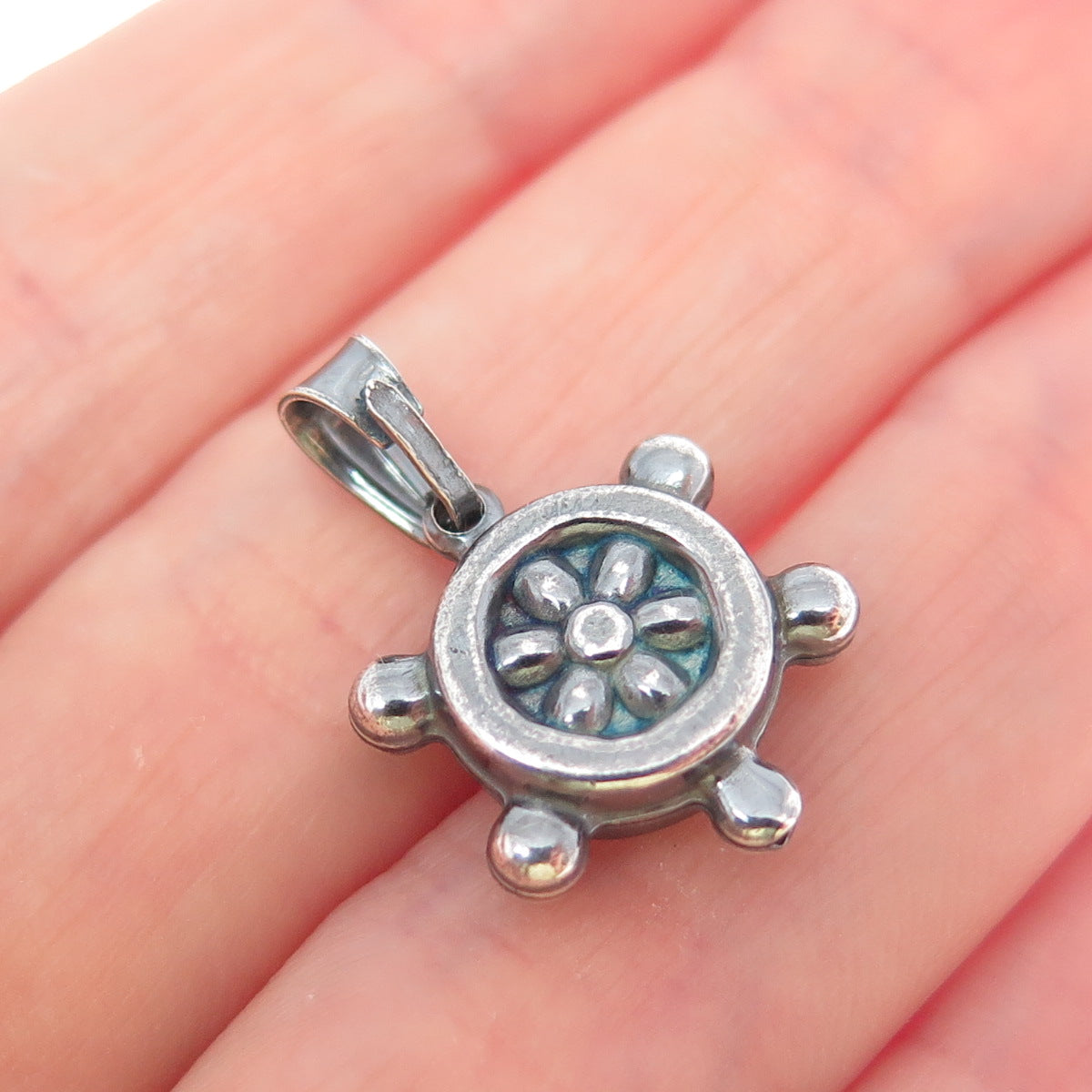 925 Sterling Silver Vintage Italy Helm Ship Wheel Oxidized Mini Charm Pendant