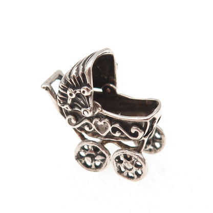 925 Sterling Silver Antique Art Deco Baby Stroller Oxidized 3D Charm Pendant