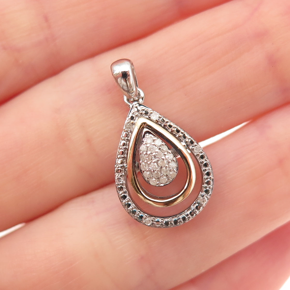 925 Sterling Silver 14K Gold Real Round-Cut Diamond Teardrop Charm Pendant