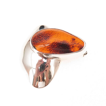 925 Sterling Silver Vintage Poland Real Amber Modernist Pin Brooch
