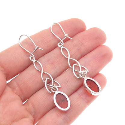 925 Sterling Silver Vintage Real Amber Celtic Trinity Dangle Earrings