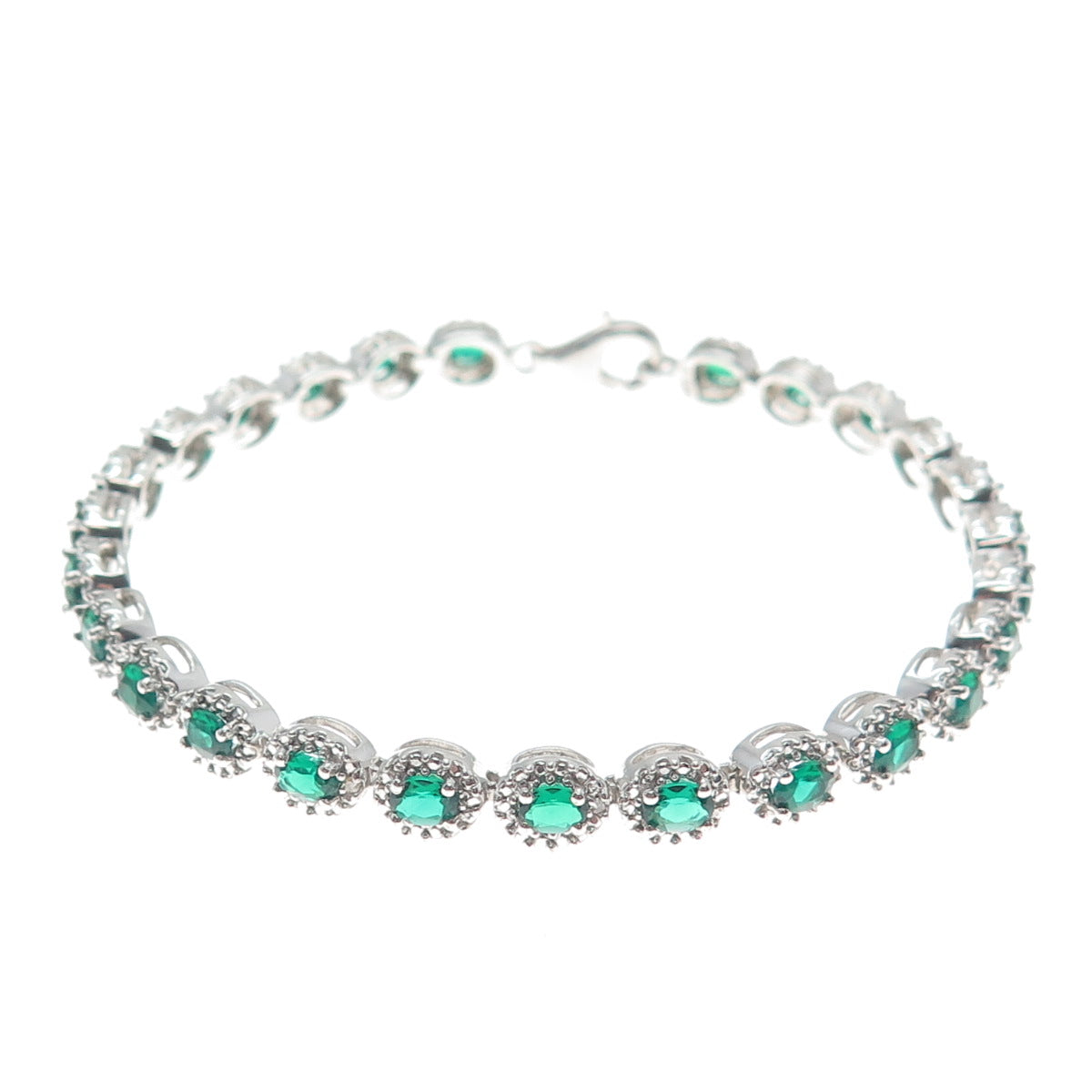 925 Sterling Silver Real Round-Cut Diamond & Crome Diopside Bracelet 7.5"