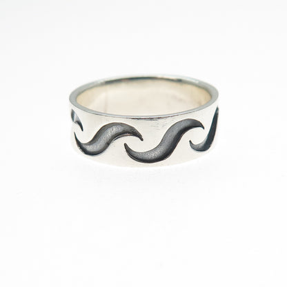 925 Sterling Silver Vintage Modernist Wavy Oxidized Band Ring Size 7.75