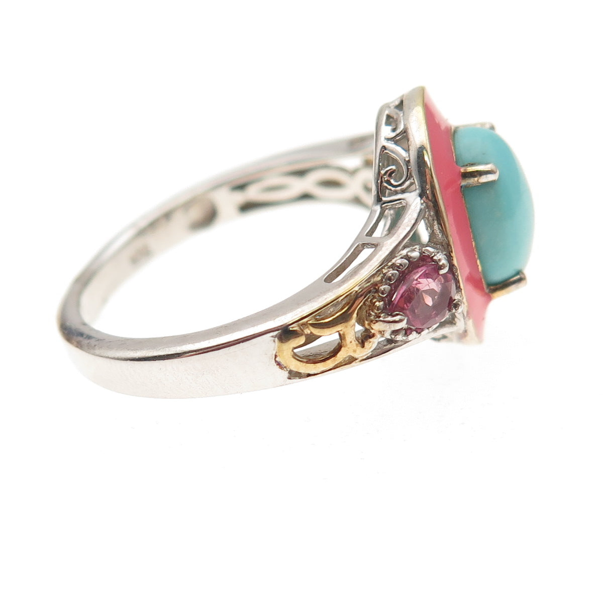 Chuck Clemency 925 Sterling 2-Tone Enamel Real Turquoise Tourmaline Ring Size 8
