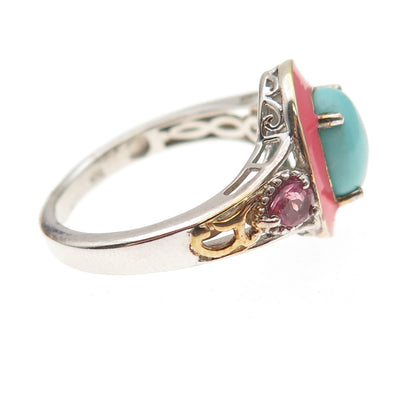 Chuck Clemency 925 Sterling 2-Tone Enamel Real Turquoise Tourmaline Ring Size 8