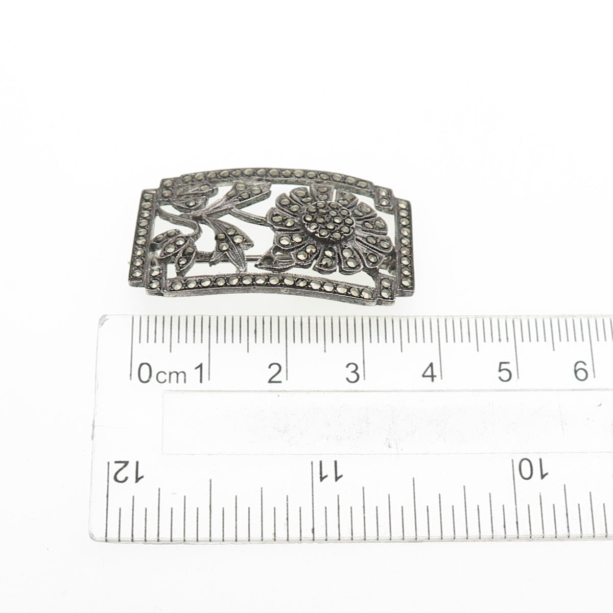 925 Sterling Antique Art Deco Real Marcasite Flower Pin Brooch (missing 1 stone)