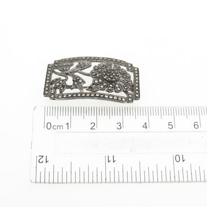 925 Sterling Antique Art Deco Real Marcasite Flower Pin Brooch (missing 1 stone)