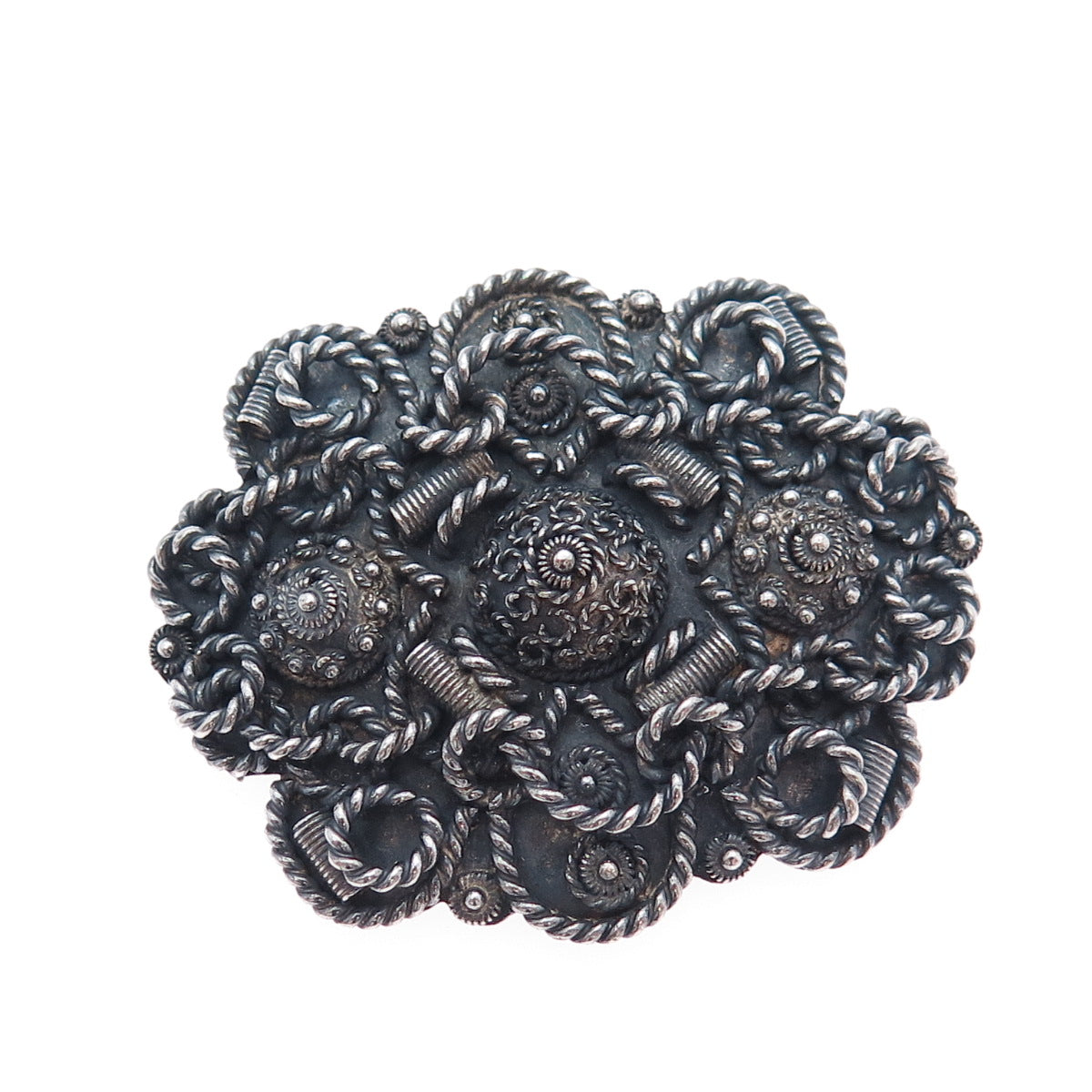 925 Sterling Silver Vintage Israel Cannetille Flower Oxidized Brooch / Pendant
