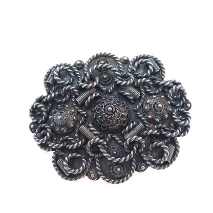 925 Sterling Silver Vintage Israel Cannetille Flower Oxidized Brooch / Pendant
