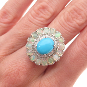 D'Joy 925 Sterling Silver Real Turquoise Opal & White Topaz Ring Size 8