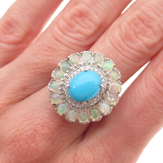 D'Joy 925 Sterling Silver Real Turquoise Opal & White Topaz Ring Size 8