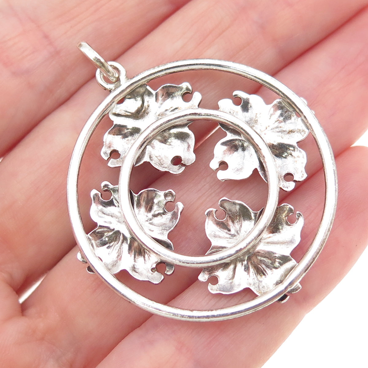925 Sterling Silver 2-Tone Vintage Flower Circle of Life Charm Pendant