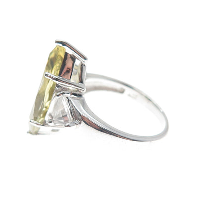 925 Sterling Silver Real Checkered Yellow & White Topaz Gem Ring Size 7.25