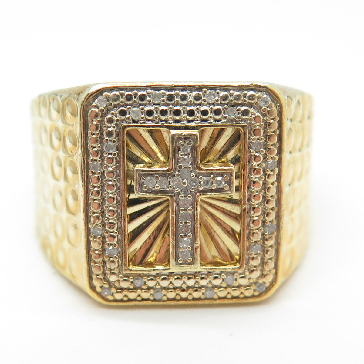 925 Sterling Silver Gold Plated Real Round-Cut Diamond Cross Ring Size 10