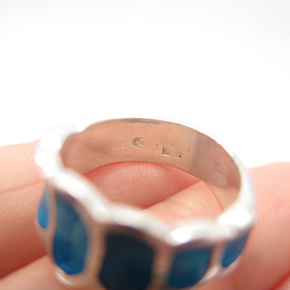 925 Sterling Silver Vintage Italy Blue Enamel Ring Size 5.25