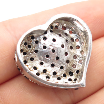925 Sterling Silver Real Round-Cut Black Spinel & C Z Heart Slide Pendant
