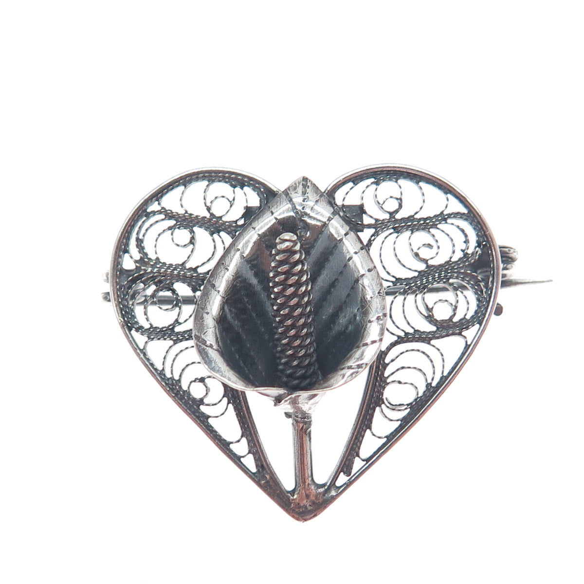 925 Sterling Silver Antique Art Deco Calla Lily Filigree Heart Oxidized Brooch