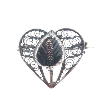 925 Sterling Silver Antique Art Deco Calla Lily Filigree Heart Oxidized Brooch