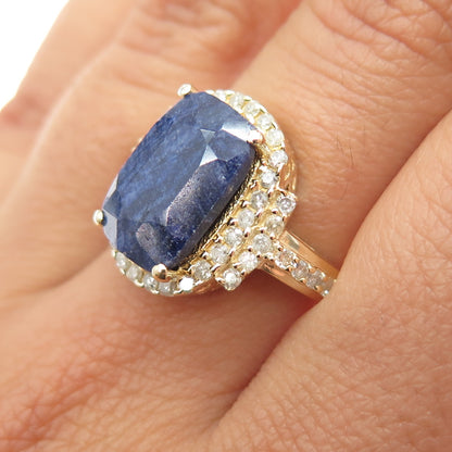 DSMK 925 Sterling Silver Gold Plated Real Diamond & Sapphire Ring Size 7