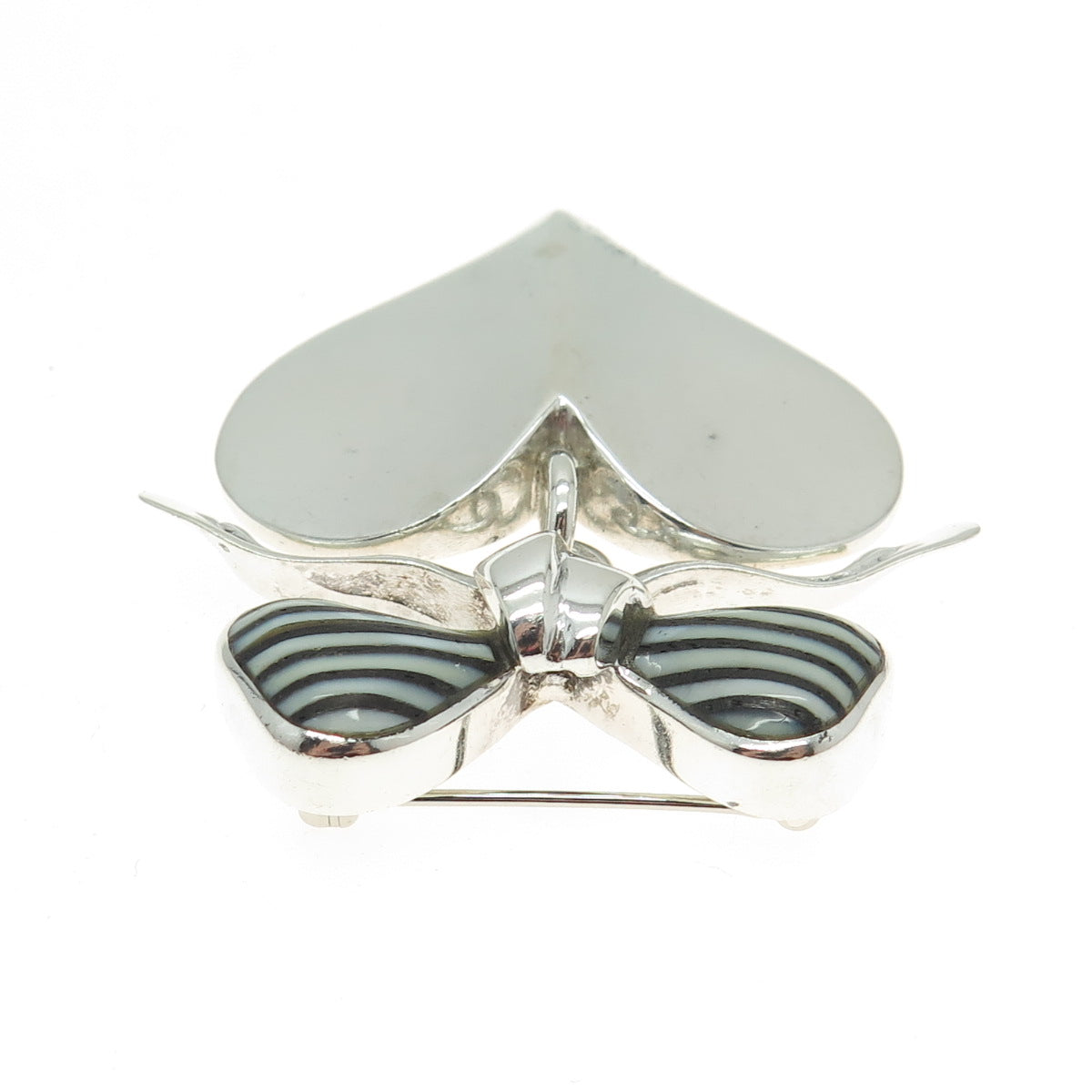 925 Sterling Silver Vintage Real White & Black Onyx Gem Bow Dangle Heart Brooch