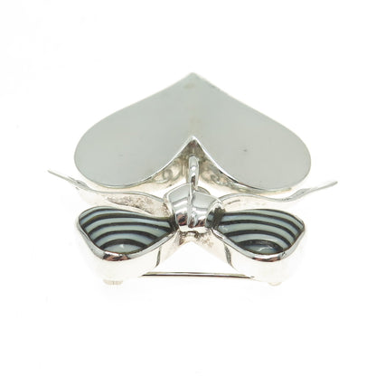 925 Sterling Silver Vintage Real White & Black Onyx Gem Bow Dangle Heart Brooch
