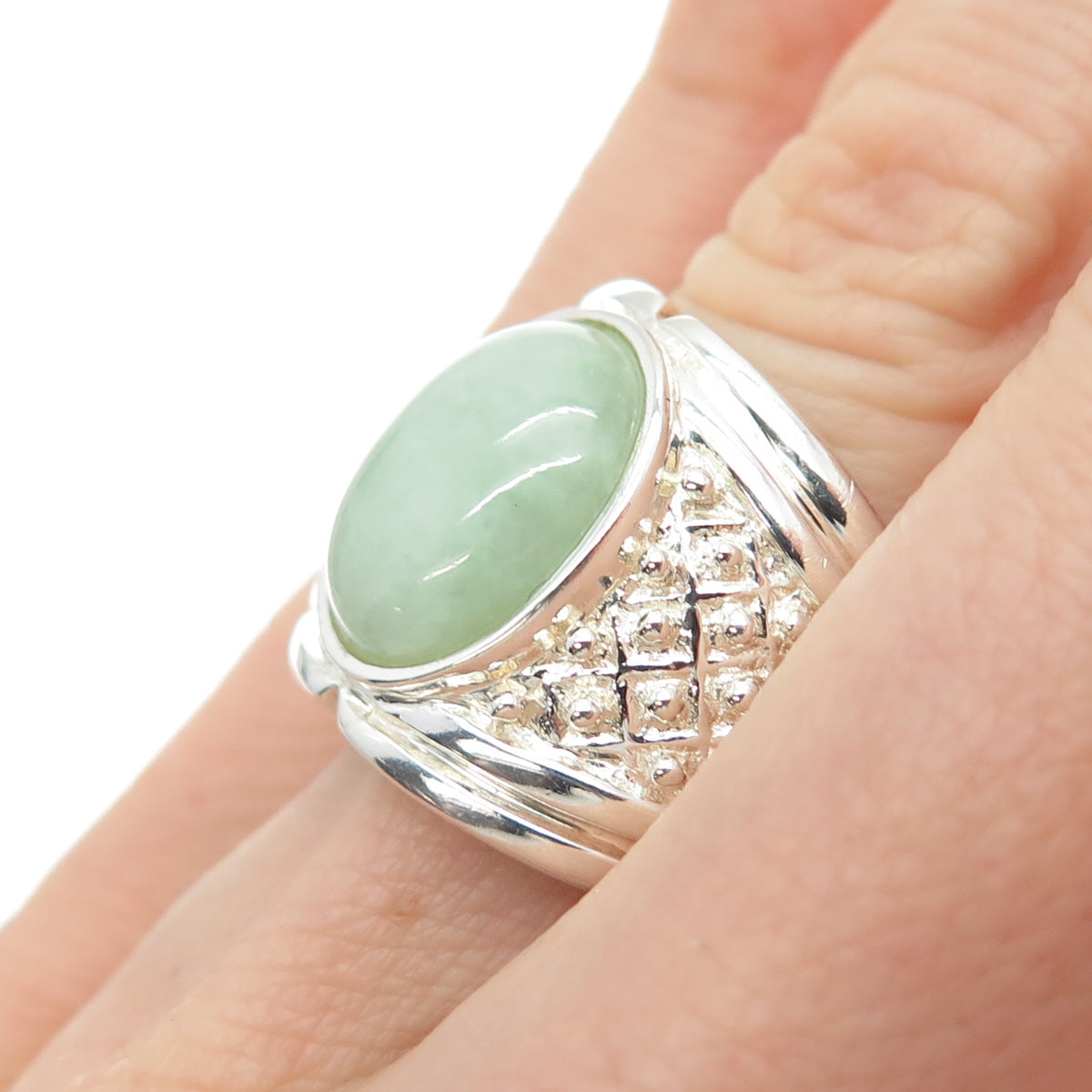 925 Sterling Silver Vintage WW Hong Kong Real Jade Modernist Ring Size 5