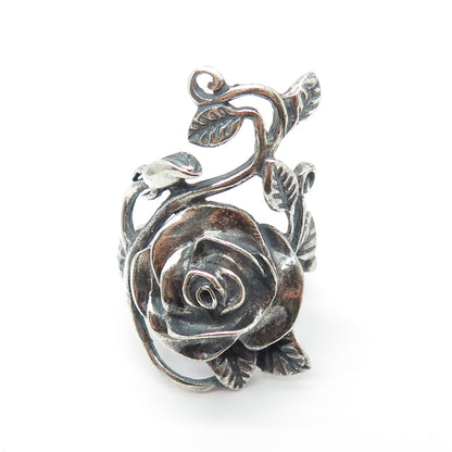 925 Sterling Silver Vintage Rose Flower Statement Oxidized Ring Size 8.25