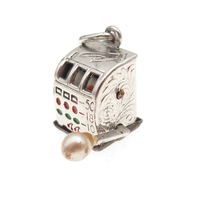 925 Sterling Antique Enamel Real Pearl Slot Machine Casino Lucky 3D Mini Pendant