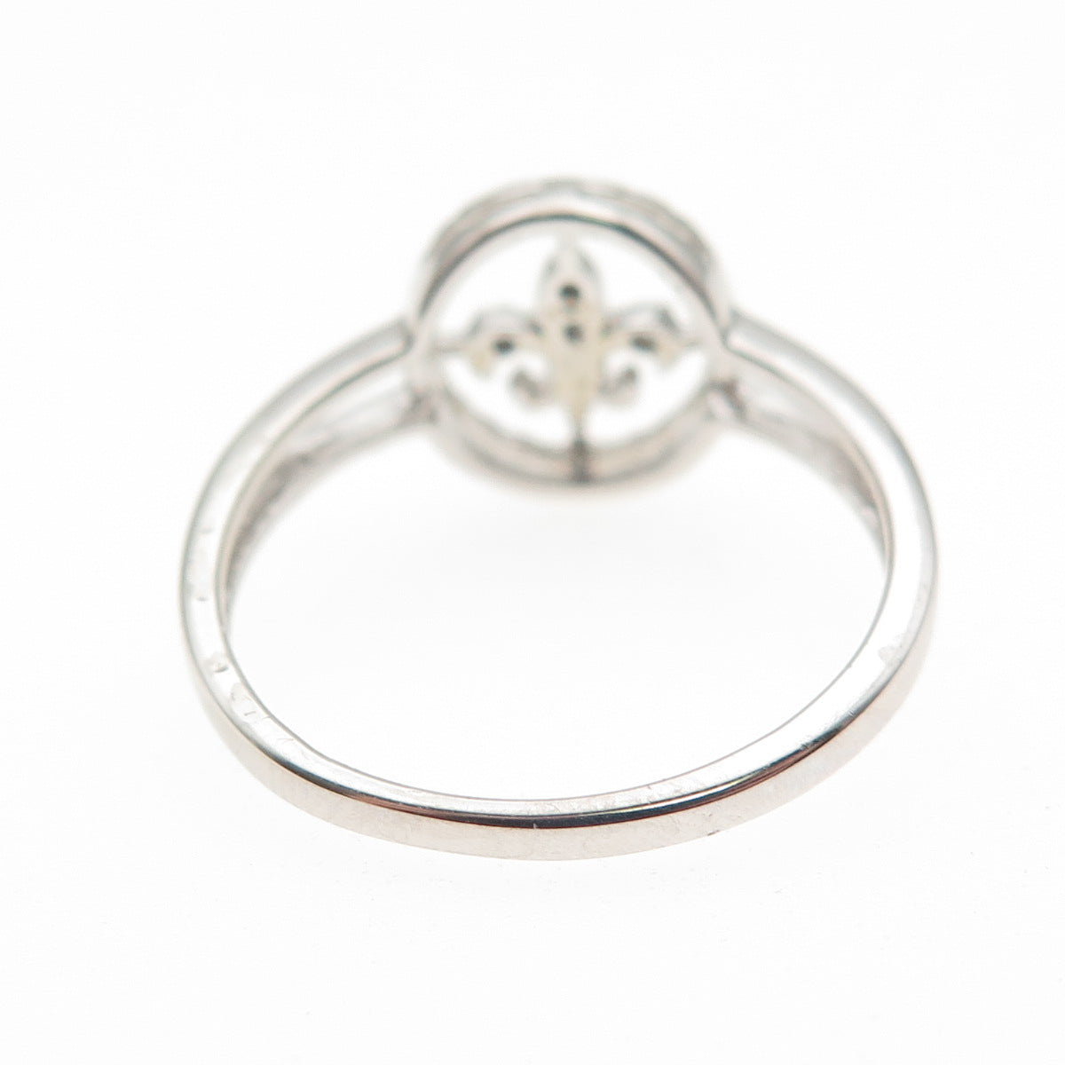 925 Sterling Silver Real Round-Cut Diamond Fleur de Lis Ring Size 7