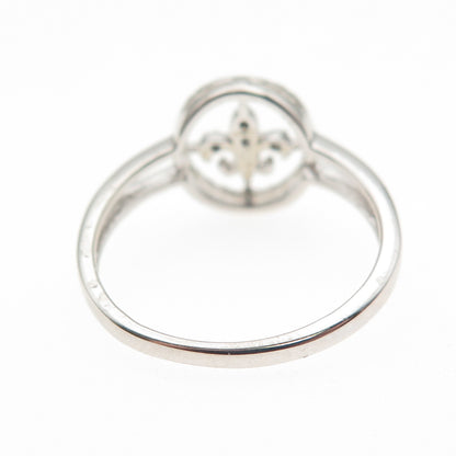 925 Sterling Silver Real Round-Cut Diamond Fleur de Lis Ring Size 7
