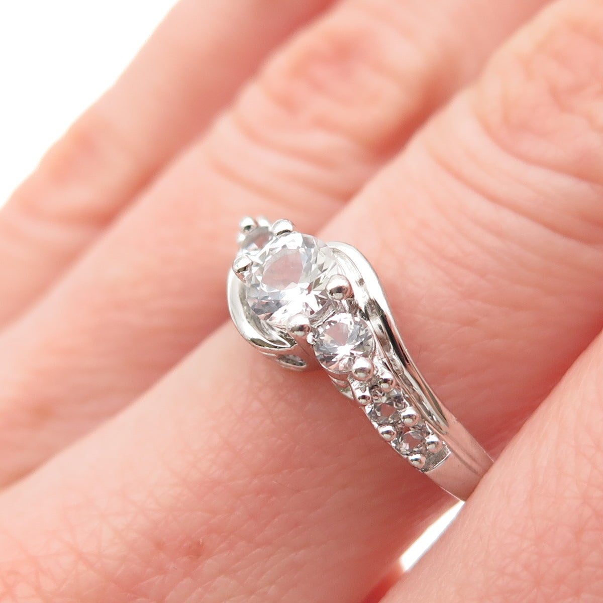 SUN 925 Sterling Silver Real Round-Cut White Topaz Engagement Ring Size 6.75