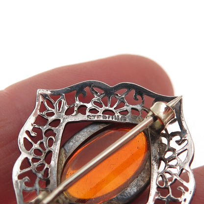 925 Sterling Silver Antique Art Deco Dragon Breath Opal Oxidized Pin Brooch