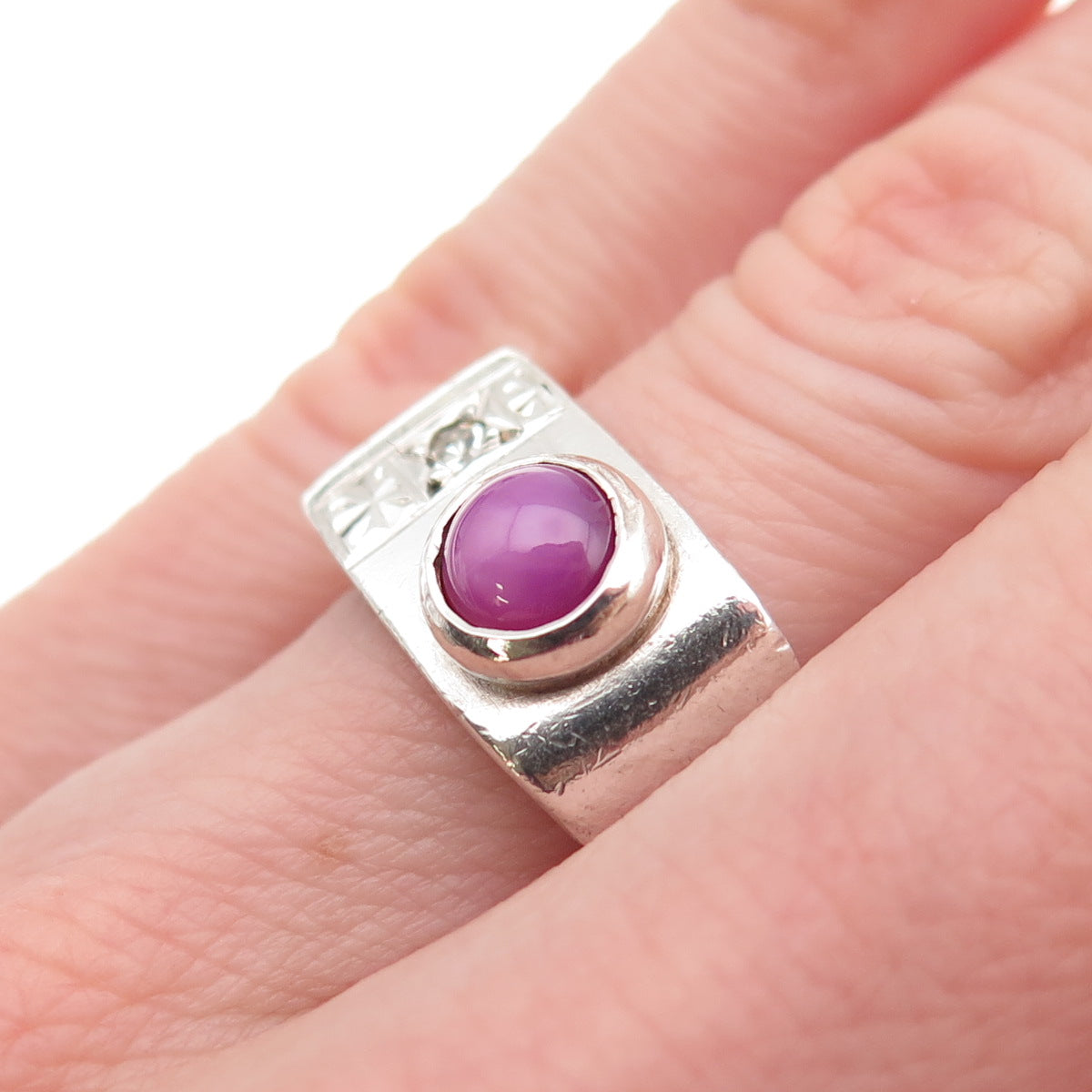 925 Sterling Silver Antique Art Deco Real Diamond & Star Ruby Ring Size 5.5